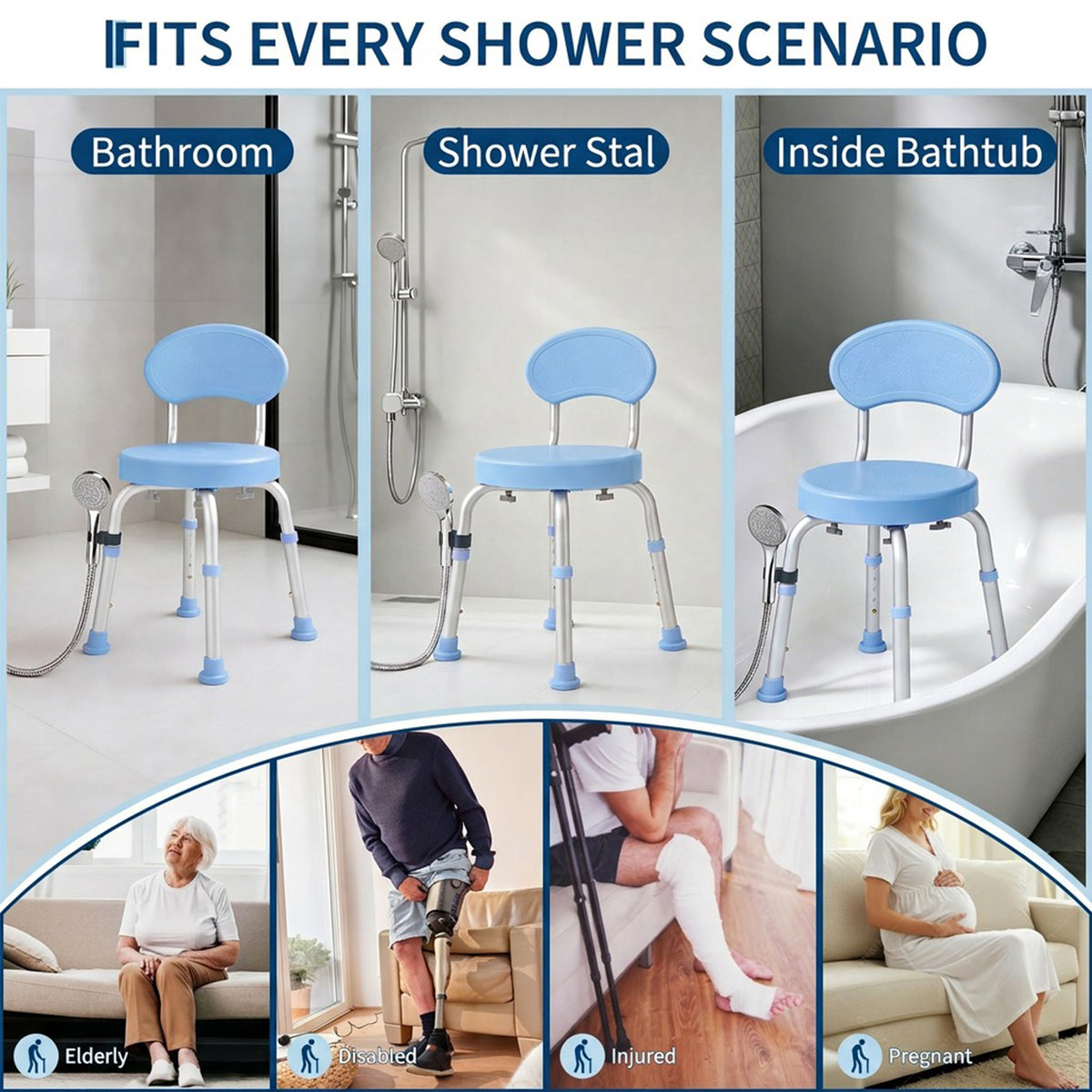 Asiento antideslizante azul con clip soporte para alcachofa de ducha